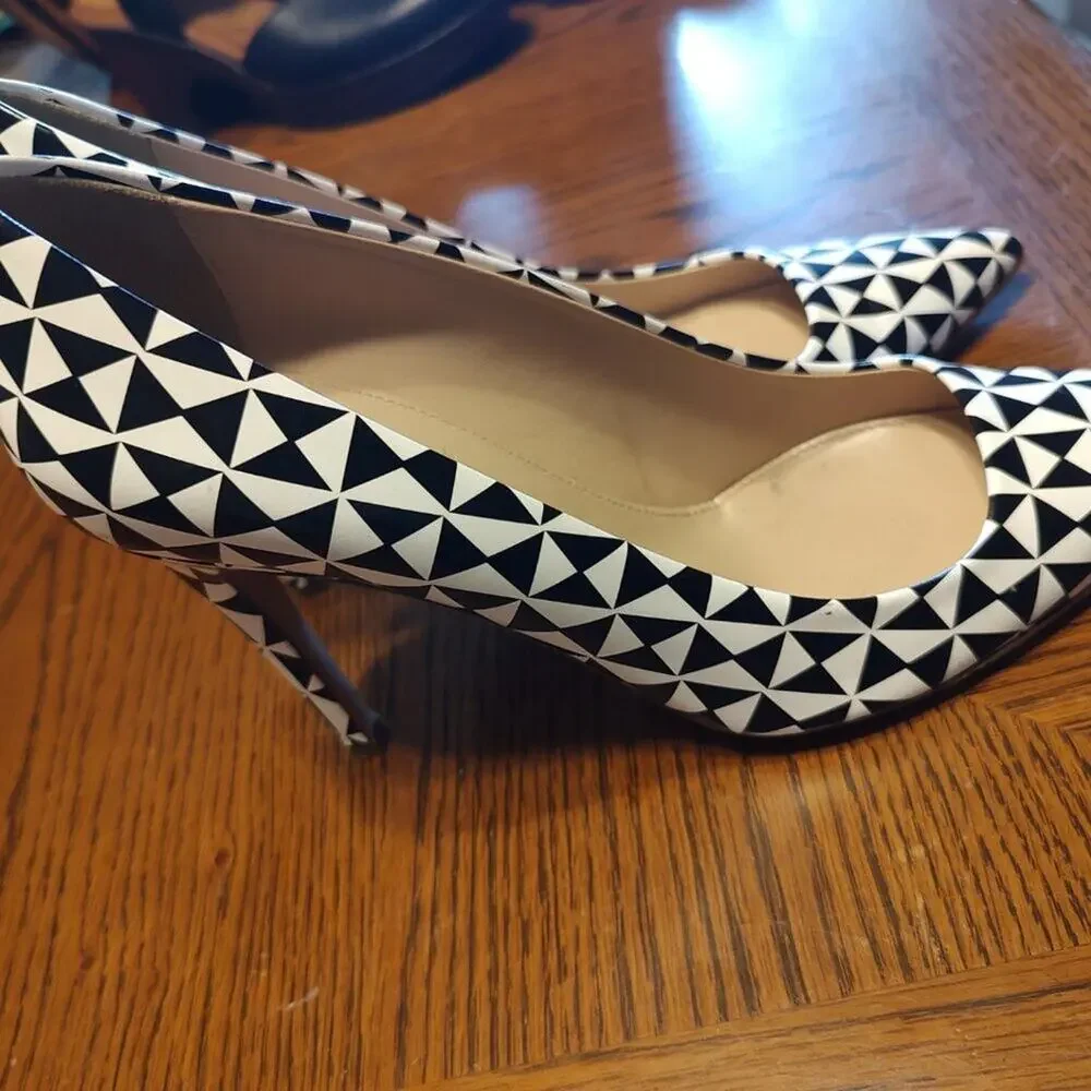 J.CREW Falsetto Printed‎ Geometric Black & White Heels Pumps  Size 8 1/2  EUC